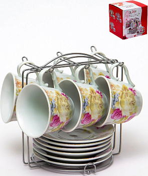 Набор чайный 12 предметов (чашка 220мл-6шт/блюдце-6шт) OLAFF Флора метеллический стенд подарочная упаковка фарфор 000000000001197831