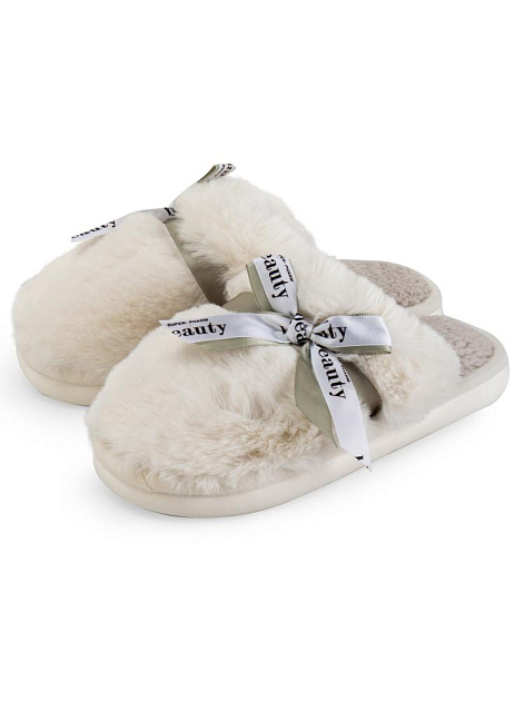 Тапочки домашние 40-41 женские меховые атласный бант молочный полиэстер/ПВХ 000000000001228922