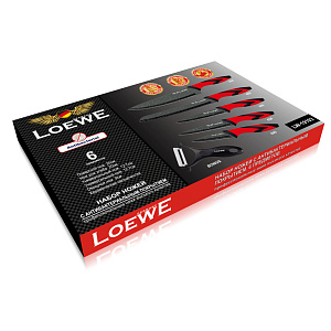 Набор ножей 6предметов (поварской20см+для хлеба20см+для нарезки20см+универсальный12,7см+овощной9см+овощечистка) LOEWE черный/красный нержавеющая сталь 000000000001218629