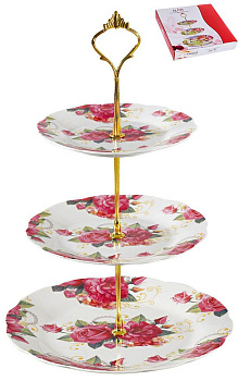 Этажерка-конфетница 3-х ярусная 15,5/18/23см Розы подарочная упаковка 000000000001181280