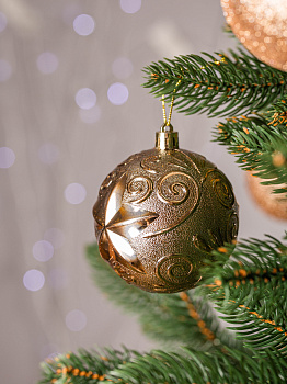 Набор украшений декоративных 12шт золото пластик (шар с блестками 8см-4шт, шар гладкий 8см-2шт, шар с рисунком 8см-4шт, шишка гладкая 10см-2шт) 000000000001208289