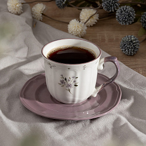 Пара чайная 220мл/блюдце DE'NASTIA Vintage цветы фиолетовая кайма белый фарфор 000000000001227047