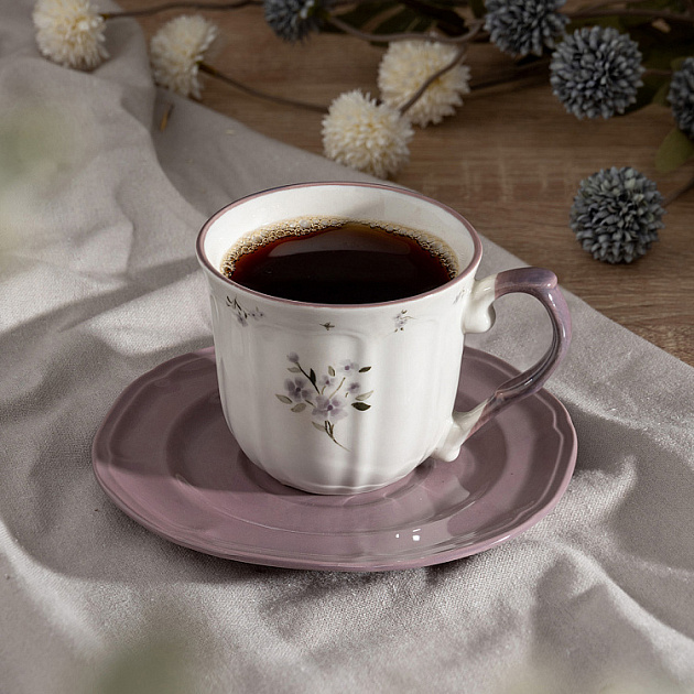 Пара чайная 220мл/блюдце DE'NASTIA Vintage цветы фиолетовая кайма белый фарфор 000000000001227047