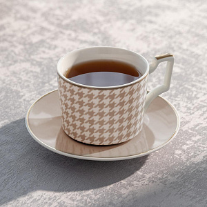 Пара чайная 220мл/блюдце DE'NASTIA Гусиная лапка белый/бежевый фарфор 000000000001221008