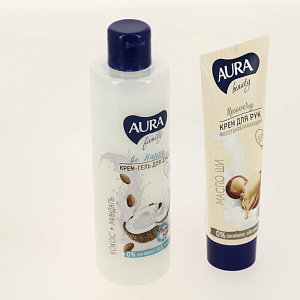 Набор подарочный Aura Beauty Be Happy Крем-гель для душа Кокос и миндаль 250мл + Крем для рук Восстанавливающий 75мл 10480 000000000001202555