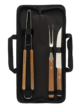 Набор для барбекю 3 предмета (вилка+нож+щипцы) DE'NASTIA в тканевом чехле коричневый нержавеющая сталь 000000000001218765