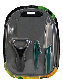 Набор кухонный 3 предмета (Нож универсальный 9,5см, нож для чистки овощей 12см, доска разделочная 25х18см) в ассортименте нержавеющая сталь/ПП 000000000001229426