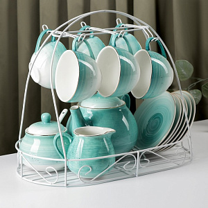 Сервиз чайный 15 предметов (чашка-6шт/блюдце-6шт/молочник/чайник/сахарница) ДОЛЯНА Млечный путь бирюза фарфор 000000000001210617