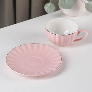 Чайная пара 200мл 15см ДОЛЯНА Вивьен розовая фарфор 000000000001210607