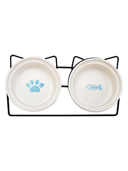 Миска для животных 300мл двойная на подставке ЛАПКИ в ассортименте керамика/металл 000000000001229128