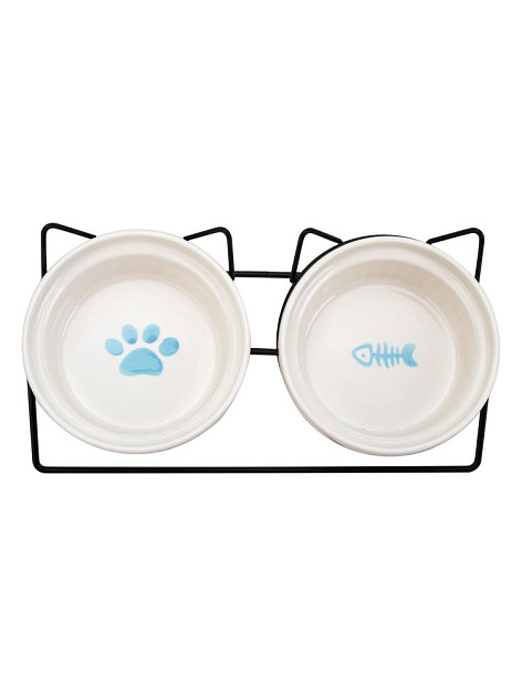 Миска для животных 300мл двойная на подставке ЛАПКИ в ассортименте керамика/металл 000000000001229128