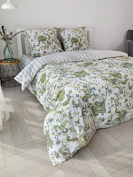 Комплект постельного белья 1,5сп DE'NASTIA(пододеяльник145х210см простыня150х215см наволочки70x70см-2шт)BotehОгурцыПолоскаБелыйЗеленыйСинийЖатыйХлопок 000000000001227508