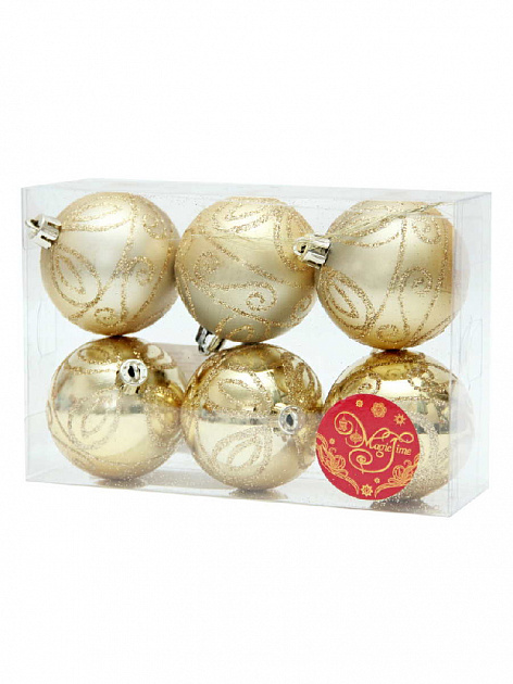 Набор новогодних шаров Золотой с золотым орнаментом Magic Time, 6 см, пластик, 6 шт. 000000000001150991