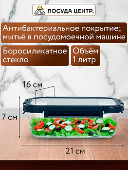 Контейнер 1,04л 20,7х15,4х7см прямоугольный синяя крышка боросиликатное стекло 000000000001220357