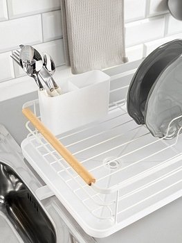 Сушилка кухонная 42x30x16см DE'NASTIA с поддоном и ручками белый железо/ПП/бук 000000000001227723