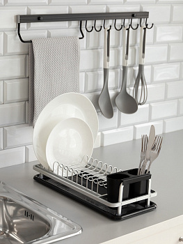 Сушилка кухонная 48x32x13см DE'NASTIA с поддоном и сливом черный/белый алюминий 000000000001221876