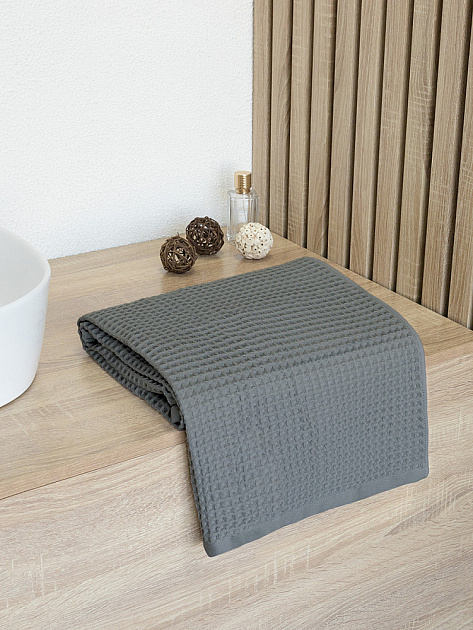 Полотенце вафельное 70x140см DE'NASTIA для бани/сауны 300гр темно-серый хлопок 000000000001228549