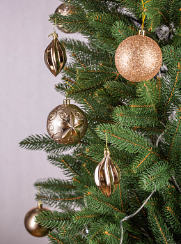 Набор украшений декоративных 12шт золото пластик (шар с блестками 8см-4шт, шар гладкий 8см-2шт, шар с рисунком 8см-4шт, шишка гладкая 10см-2шт) 000000000001208289