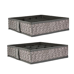 Набор органайзеров для хранения нижнего белья/носков 2шт 33х33х10см  ручка из ткани 16 ячеек + 5 ячеек разделителями меандр серый флизелин/картон 000000000001221541