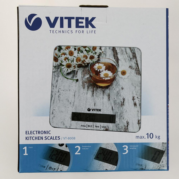 Весы кухонные Vitek вес 10кг точность 1г авто включение/выключение тара часы индикация заряда/перегрузки/температуры VT-8008 000000000001204168