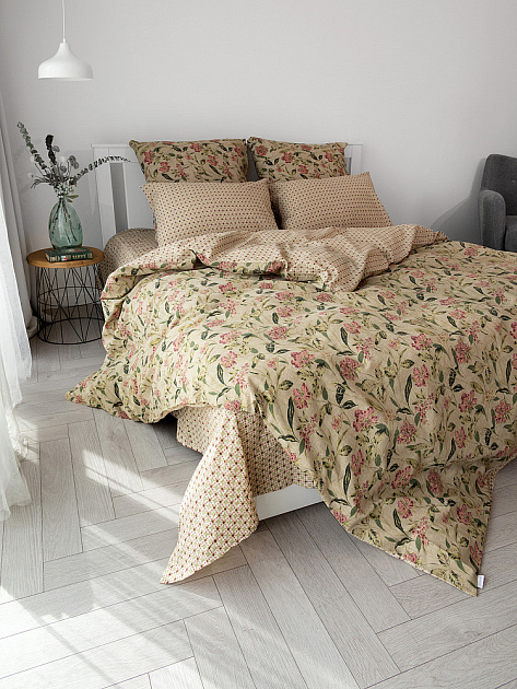 КомплектПостельногоБельяЕвроDE'NASTIA(пододеяльник200х220Простыня230х260Наволочки50x70см2шт70х70см2шт)VisionЦветыОрнаментЗеленыйТемноРозовыйЖатыйХлопо 000000000001227507