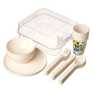 Набор для пикника на 6 персон 37 предметов IDILAND с декором светло-бежевый пластик 000000000001218693