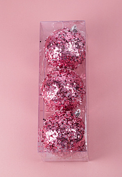 Набор новогодних шаров 3шт 8см Пайетки бусины розовая роза пластик 000000000001208648