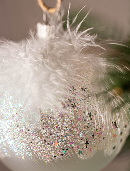 Декоративное украшение Шар №4,5 D8см БИРЮСИНКА Перышки белый стекло 000000000001207648