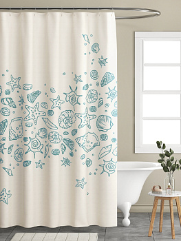 Штора для ванной 180х200см DE'NASTIA Ракушки с водоотталкивающей пропиткой молочная/бирюзовая полиэстер 000000000001177116