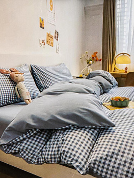 Комплект постельного белья Евро 50х70см-2шт (простыня 230х230см, наволочки 50х70см-2шт, пододеяльник 200х230см) Клетка синий хлопок/полиэстер 000000000001229201