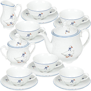 Сервиз кофейный 15 предметов (кофейник 1,2л/сахарница 250мл/молочник 200мл/чашка 170мл-6шт/блюдце-6шт) CMIELOW Рококо Гуси фарфор 000000000001219095