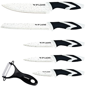 Набор ножей 6 предметов (поварской20см+для хлеба20см+для нарезки20см+универсальный12,7см+овощной9см+овощечистка) LOEWE белый/черный нержавеющая сталь 000000000001218628