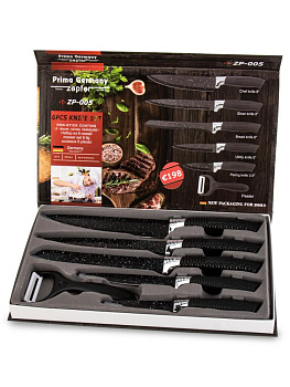 Набор ножей 6предметов(нож для хлеба18,5см, шеф-нож18см, нож для мяса18см, нож универсальный12,5см, нож для овощей8,5см,овощечистка) нержавеющая сталь 000000000001228525