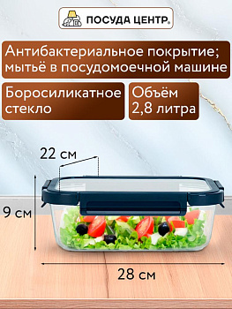 Контейнер 2,8л 28,1х21,5х9см прямоугольный синяя крышка боросиликатное стекло 000000000001220359