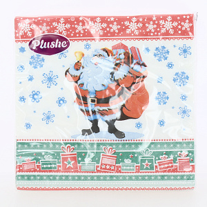 Салфетки бумажные 18шт 33х33см PLUSHE Санта с кокольчиком 3х слойные 000000000001215226