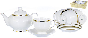 Сервиз чайный 13 предметов (чашка 250мл/блюдце-6шт/подставка) белый с золотом 000000000001178608