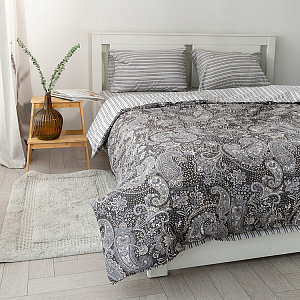 Комплект постельного белья 1,5спальный DE'NASTIA (50x70см-2шт/под-145x210см/пр-150x215см) Пейсли полоска темно-серый/серый жатый хлопок 000000000001221445