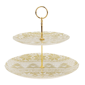 Этажерка-конфетница 28-21см GLASSCOM белая с золотом Новый год стекло 000000000001219722