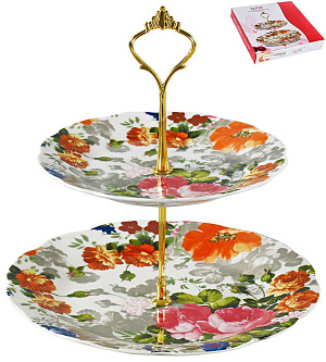 Этажерка-конфетница 2-х ярусная 18см/23см OLAFF Флора Цветение фарфор 000000000001193912