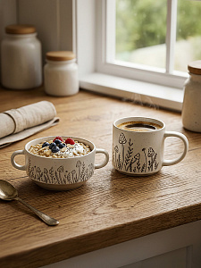 Набор столовой посуды DE'NASTIA breakfast (кружка 360мл/тарелка 380мл) Луг серый керамика 000000000001231322