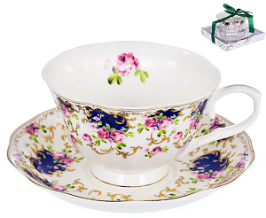 Чайная пара, чашка 250мл + блюдце, розы на синем, подарочная упаковка,122-05002 000000000001181644