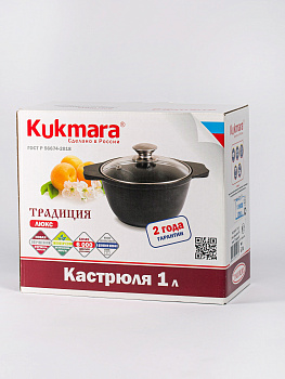 Кастрюля 1л KUKMARA Традиция стеклянная крышка антипригарное покрытие черный литой алюминий 000000000001204803