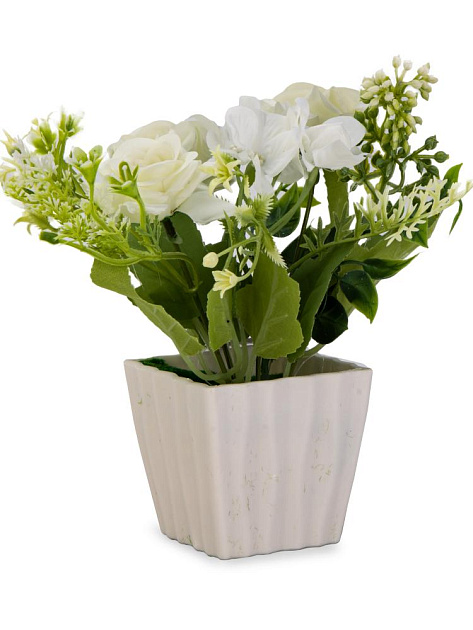 Цветок искусственный в кашпо Розы 19см белый пластик 000000000001225667