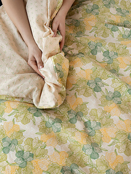 Комплект постельного белья1,5спDE'NASTIA(пододеяльник145х210смПростыня150х215смНаволочки50x70см-2шт)Флёр Орхидеи/Орнамент зеленый/бежевый жатый хлопок 000000000001227502