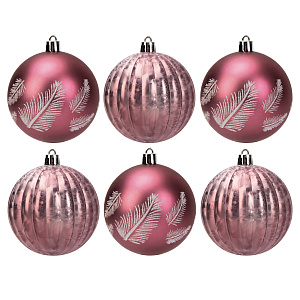 Набор новогодних шаров 6шт 8см Перо рельеф розовая роза пластик 000000000001208651