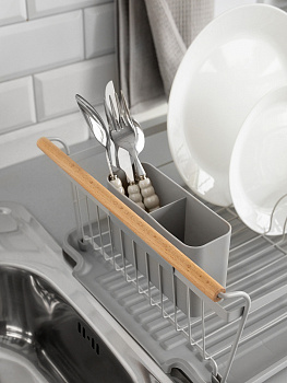 Сушилка кухонная 46x32,5x16см DE'NASTIA с поддоном и ручками серый железо/ПП/бук 000000000001227724