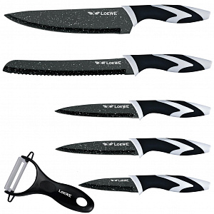 Набор ножей 6 предметов (поварской20см+для хлеба20см+для нарезки20см+универсальный12,7см+овощной9см+овощечистка) LOEWE черный/белый нержавеющая сталь 000000000001218627