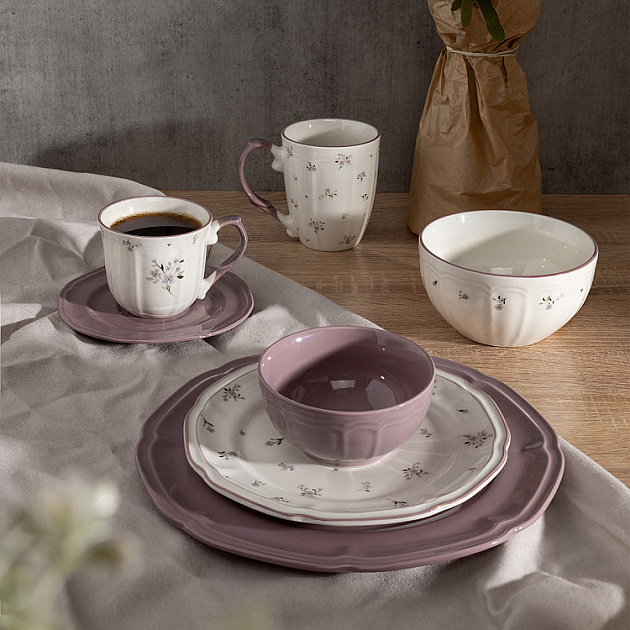 Пара чайная 220мл/блюдце DE'NASTIA Vintage цветы фиолетовая кайма белый фарфор 000000000001227047