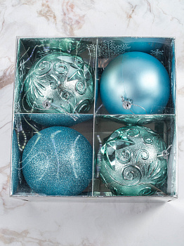 Набор украшений декоративных 4шт голубой (шар матовый 10см-1шт, шар с блестками 10см-1шт, шар с рисунком 10см-2шт) 000000000001208298