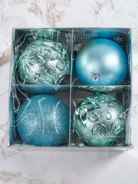 Набор украшений декоративных 4шт голубой (шар матовый 10см-1шт, шар с блестками 10см-1шт, шар с рисунком 10см-2шт) 000000000001208298